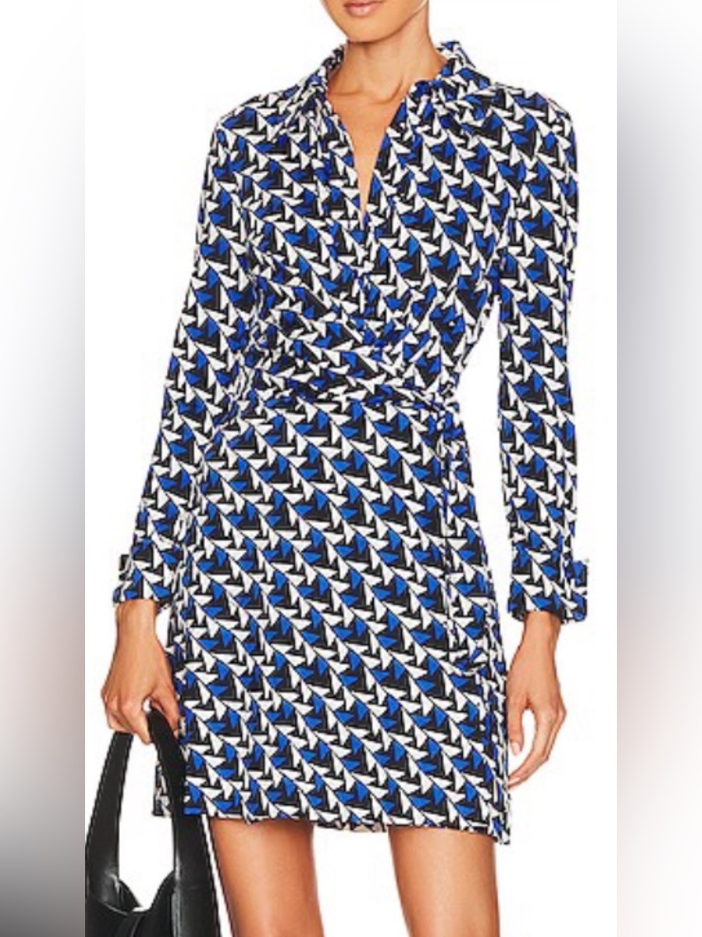 NEW Diane Von Furstenberg Blue, Black & White Geometric Wrap Dress Mod Career XL